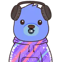 a cartoon of a blue bear wearing headphones and a purple hoodie