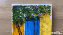 a painting of a yellow building with a blue door is made in animatica