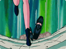 a cartoon drawing of a woman 's feet with a black shoe on