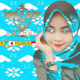 a girl wearing a blue hijab is standing in front of a logo that says kazoku