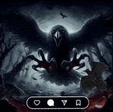 a picture of a crow in a dark forest with a heart and a v in the corner