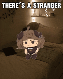 a drawing of a person sitting on a bed with the words there 's a stranger above them