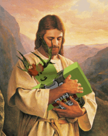 a painting of jesus holding a green box that says ' r.i.p. ' on it