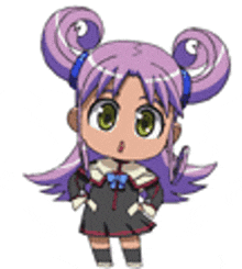 a little girl with purple hair and green eyes is wearing a black dress and a bow tie .