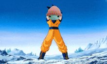 a cartoon character standing in the snow wearing a pink hat