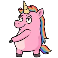 a pink unicorn with a rainbow mane is holding a sword