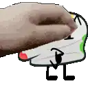 a pixel art of a hand holding a shoe with a face .