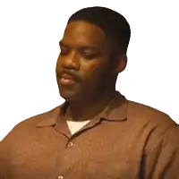 a man with a mustache is wearing a brown shirt with buttons