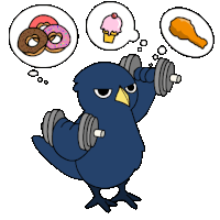 a cartoon bird is lifting a dumbbell while thinking about food