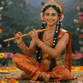 a woman dressed as a goddess is playing a flute