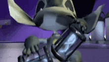 a cartoon character is holding a lantern with a purple background .