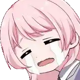 a pink haired anime girl is crying with her eyes closed and tears running down her face .