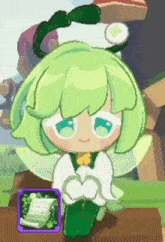 a cartoon character with green hair and white wings is sitting on a table next to a box .