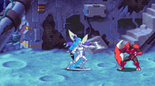 a video game shows a silver surfer and a red robot