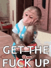 a monkey is sitting on a table with a can of omaha chips in front of it .