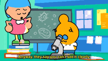 a cartoon of a boy looking through a microscope with the words " anyway they say you can t see it clearly "