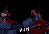 two video game characters are standing next to each other with yuri written on the bottom right