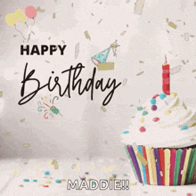 a birthday card with a cupcake with a candle and confetti