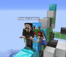 a couple of minecraft characters standing next to each other on a bridge .