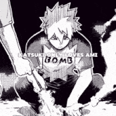 a black and white drawing of a person with the words katsuki only loves ami bomb