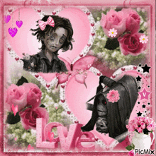a picture of a girl surrounded by pink roses and butterflies with the word love on the bottom