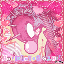 a picture of a spiderman with a bubble gum and the words hobie loves gabi on it