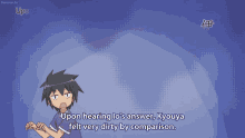 a cartoon of a boy with the words " upon hearing lo 's answer kyouya felt very dirty by comparison "