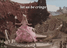 a little girl in a pink dress is holding a wand and the words let us be cringe are below her
