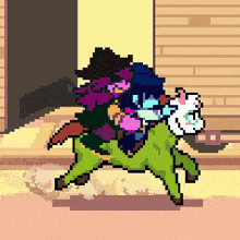 a pixel art illustration of a person riding on the back of a green animal .