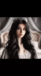 a woman wearing a tiara and a dress is standing in front of a bed .