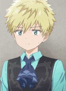 a boy with blonde hair and blue eyes is wearing a black vest and tie
