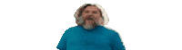 a man with long hair and a beard is wearing a blue sweater