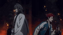 two anime characters standing next to each other with one holding a microphone and the other holding a sword