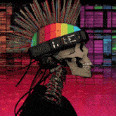 a skeleton wearing a colorful mohawk and headphones with the letters ee on it