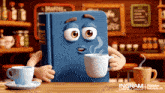 a cartoon illustration of a book holding a cup of coffee in a cafe
