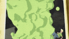 a cartoon drawing of a person standing in front of a green smoke coming out of a tree .