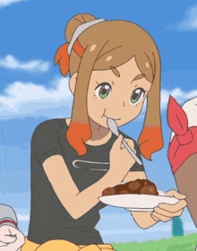 a cartoon girl is eating food with a spoon