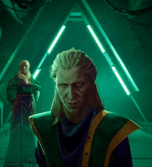 a man and a woman are standing in a room with green lights behind them