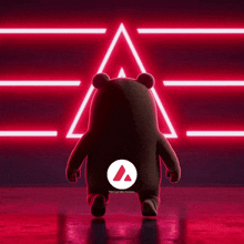 a black teddy bear is walking in front of a neon sign