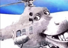 a cartoon character is standing next to a helicopter in the air .