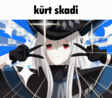 a picture of a girl with white hair and red eyes and the words kurt skadi above her