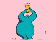 a cartoon drawing of a person holding a glass of beer over their head