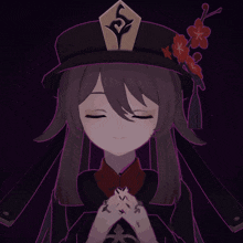 a girl with purple hair and red eyes is wearing a black hat