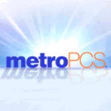 a blue and orange logo for metropcs with the sun behind it