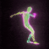 a neon silhouette of a person dancing on a dark background .