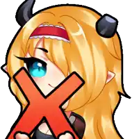 a girl with horns is covering her face with a red x