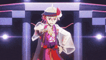 a pixel art of a man in a kimono dancing on a stage .