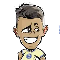 a cartoon of a man wearing a yellow shirt with a blue emblem on it
