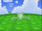 a green frog is laying on a green field with bubbles in the sky