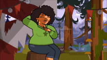 a woman in a green sweater is sitting on a stump